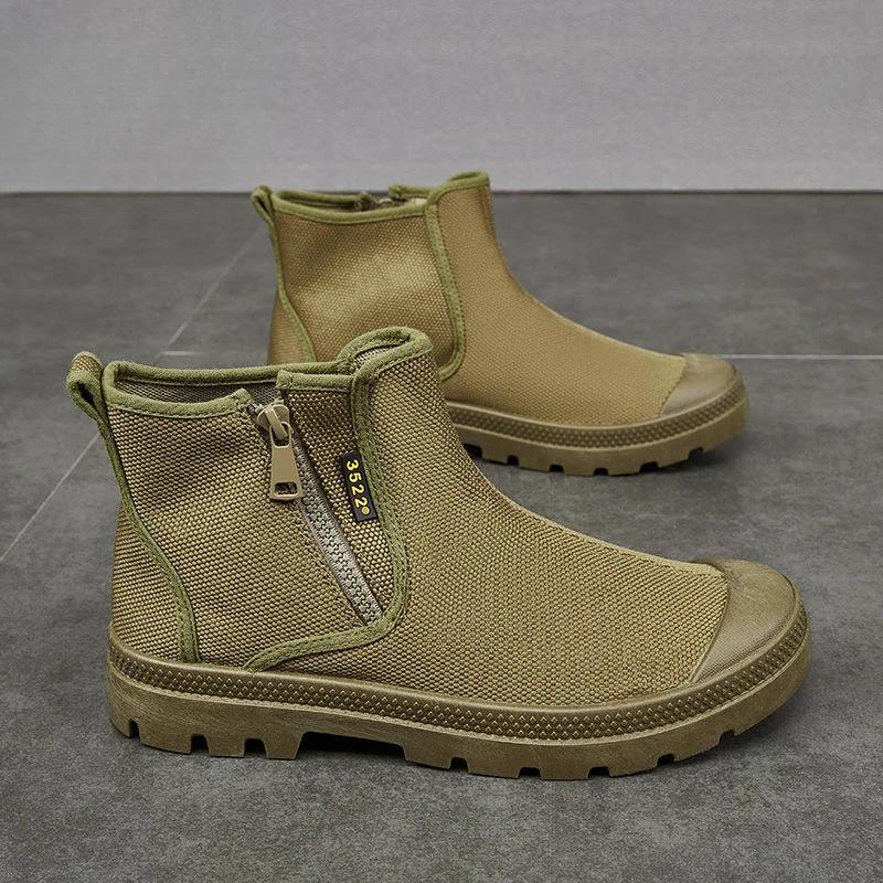 Weiche Sohle Herren Camouflage Sicherheitsstiefel Hoher Schaft Seitenreißverschluss Canvas Outdoor Angeln Dicke Sohle Rutschfest Abriebfest Stiefel