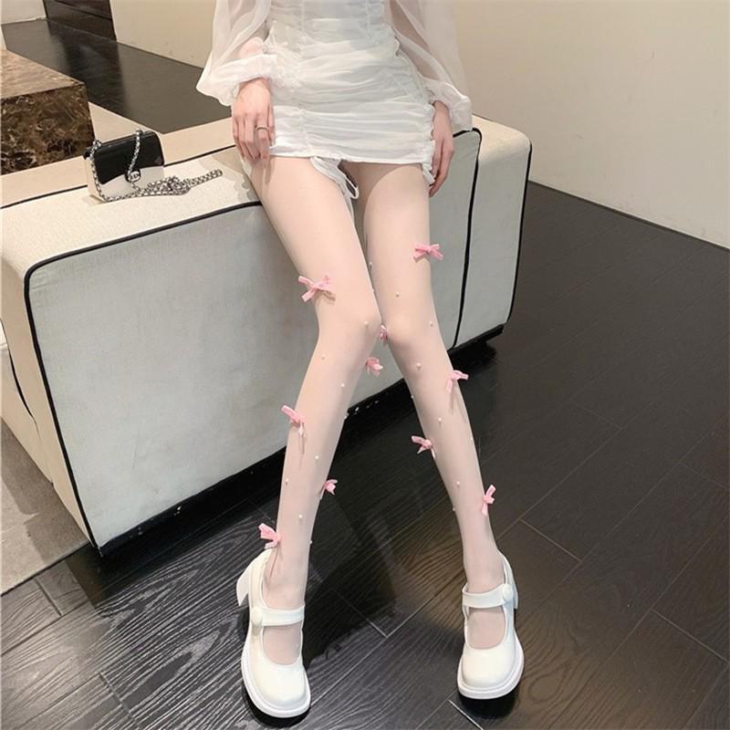 Damskie Francuskie Retro Czarne Rajstopy Jedwabne z Perłową Kokardką, Duży Rozmiar, 80g