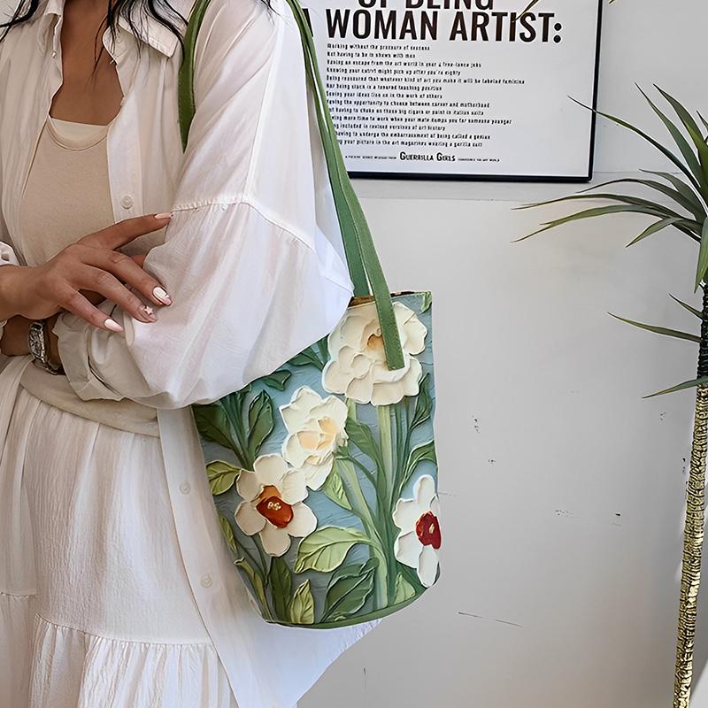 Floral Pattern Canvas Bucket Bag Women'S Shoulder Bag Casual Large Capacity Handbag