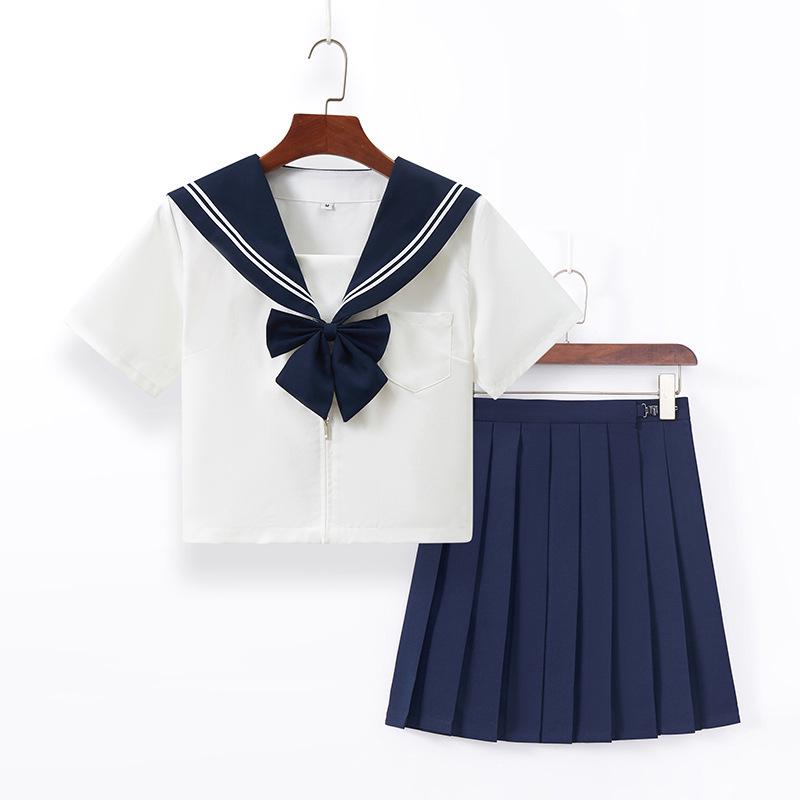 Navy Collar White Sailor Suit JK Uniform Set with Skirt