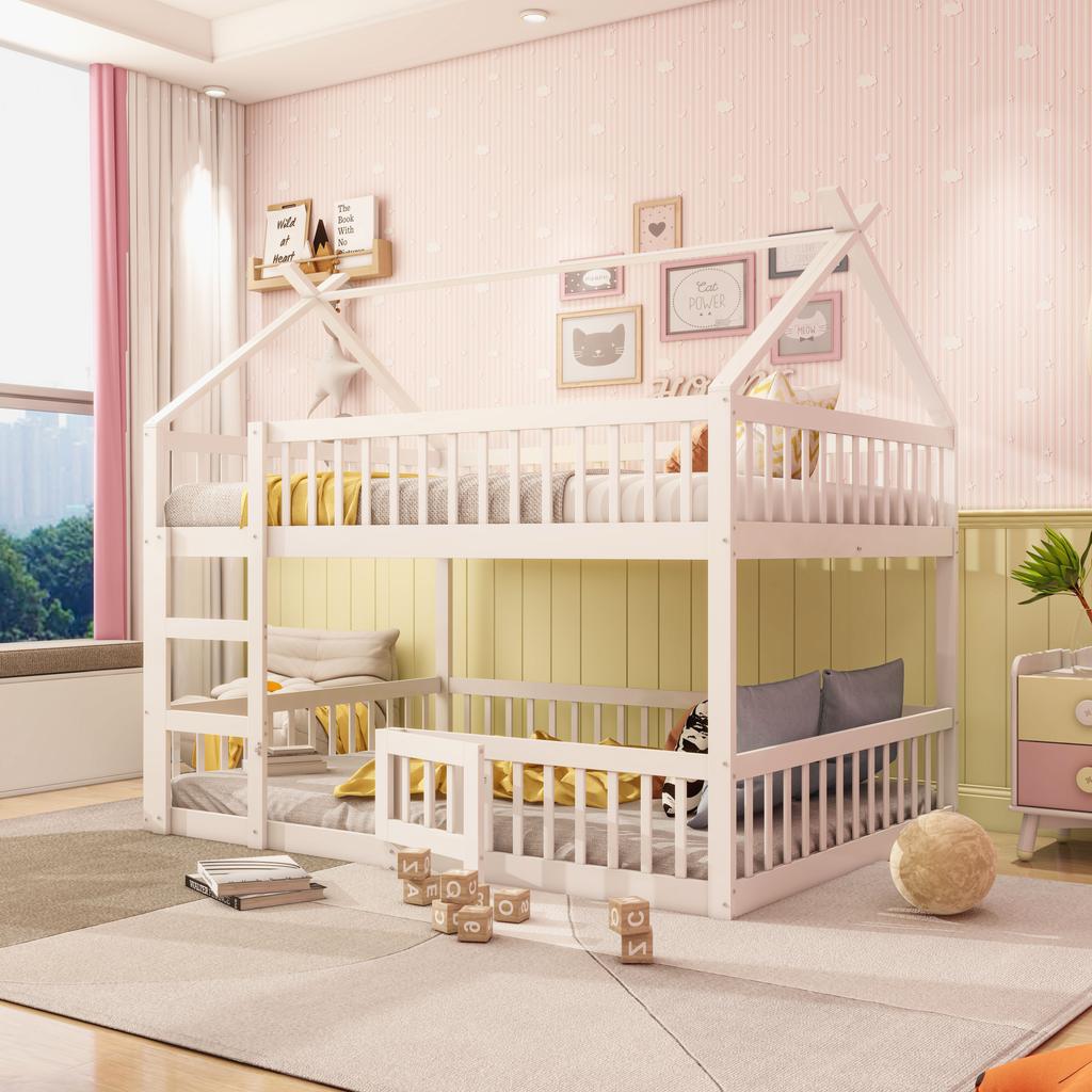 Children's Bunk Bed 140*200, Children's Family Bed, Bunk Bed with Staircase, Loft Design, Solid Wood Bunk Bed Frame, White