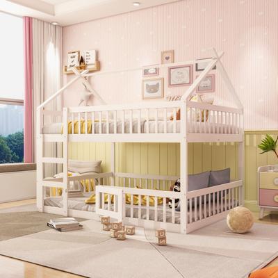 Children's Bunk Bed 140*200, Children's Family Bed, Bunk Bed with Staircase, Loft Design, Solid Wood Bunk Bed Frame, White