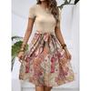 Women's Fashionable Retro Patterned Printing Color Blocked Belt Casual Dress