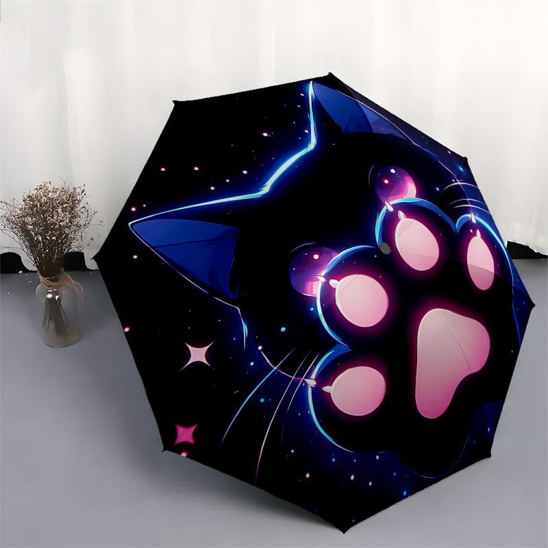 1pc Glowing Neon Cat Paw Print Automatic Folding Umbrella - Portable 3-Fold Design with 8-Bone Iron Frame, Perfect for Outdoor Use, Festive Gifts, Tra