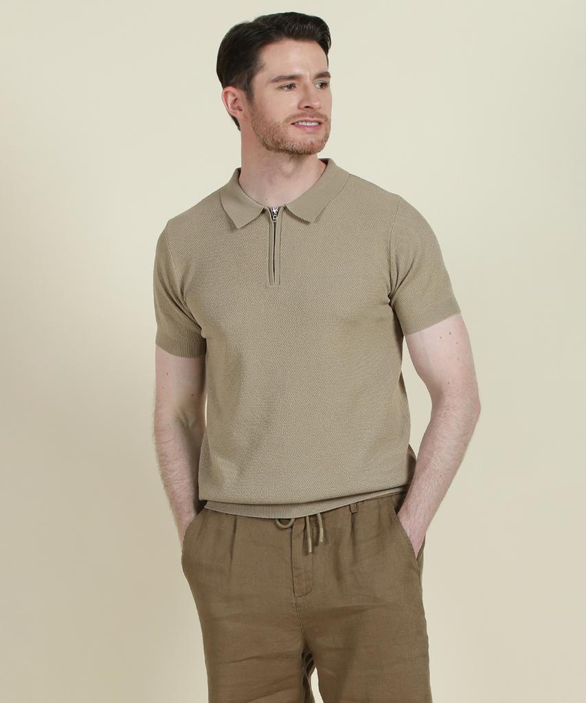 PANICALE Beige Short-Sleeve Zip-Up Polo Knit