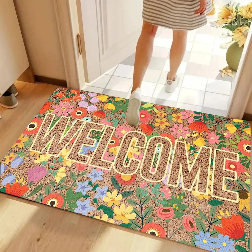 VIKAMA Vintage Floral Welcome Doormat Anti-Slip Indoor and Outdoor Entrance Rug Kitchen Living Room Mat Home Decor