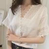 Casual Women Solid Color V Neck Short Sleeve Lace Loose Chiffon T-shirt Blouse