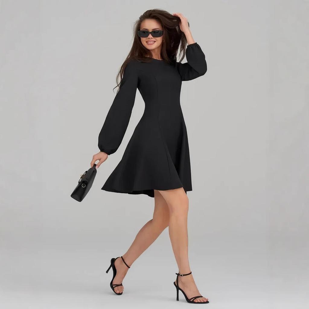Women Solid Color Round Neck Lantern Sleeve A Line Mini Dress