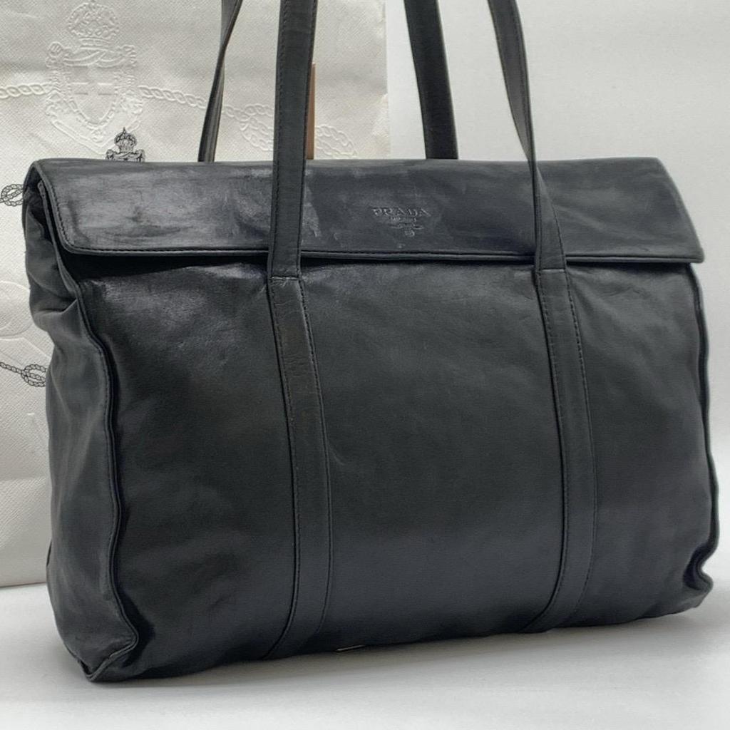 PRADA Handbag Shoulder Bag Shoulder Strap Tote Bag Nappa Leather Black Silver Hardware Logo Embossed Flap White Tag