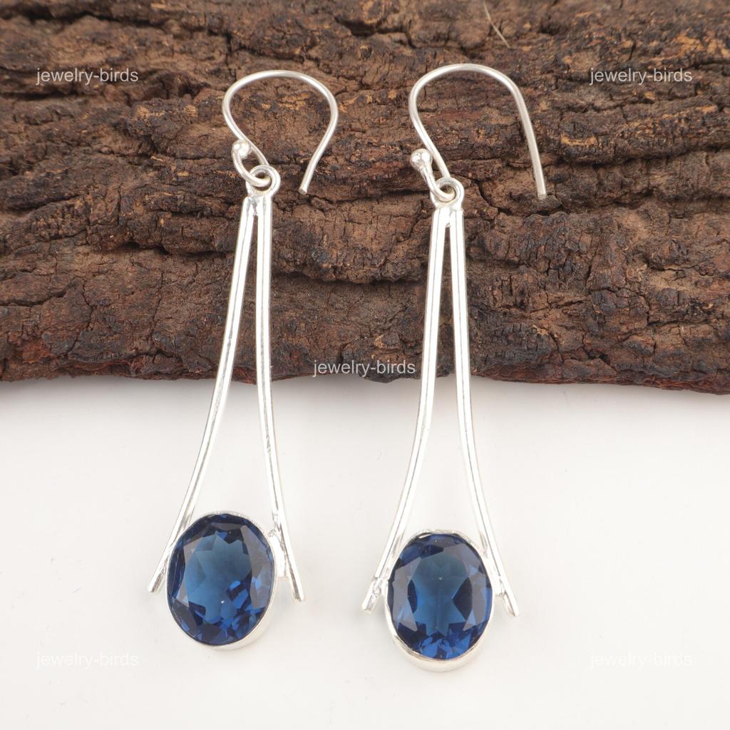 Oval London Blue Topaz Gemstone 925 Silver Dangle Drop Trendy Handmade Earrings EE-136-10