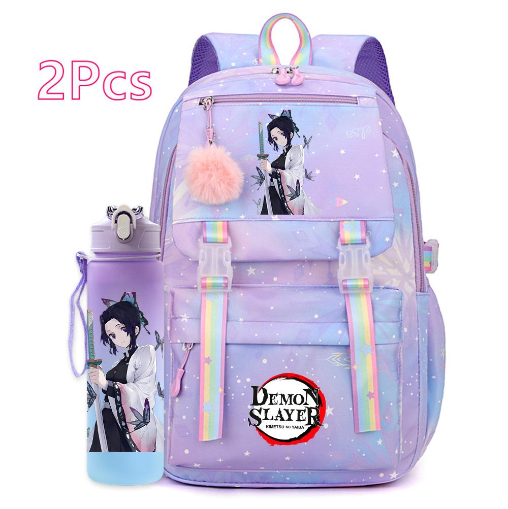 2Pcs/set Cartoon Demon Slayer Printed Backpack with 750Ml Water Bottler for Teenager Girl Boy Large Capacity Waterproof Bookbag Travel Bag Gift