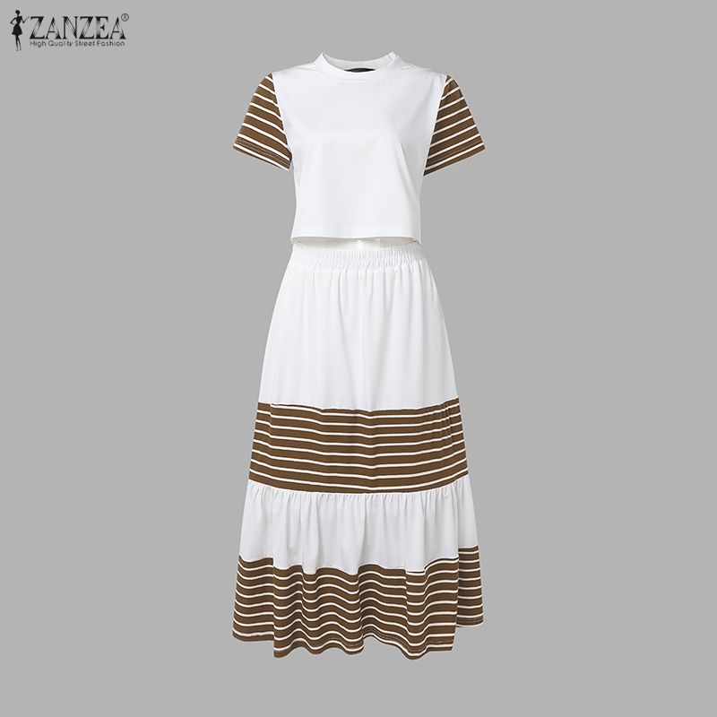 ZANZEA Women Short Sleeve T-Shirts and Long Skirts Summer Two Piece Suit Sets