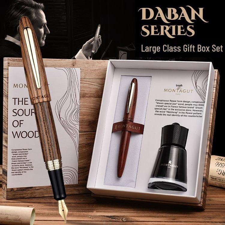 

Montagut Dream Fountain Pen - Solid Wood, Retro Design, Spiral Cap, Gold Iridium Nib for Calligraphy and Practice Writing. Black Ebony 0.5mm