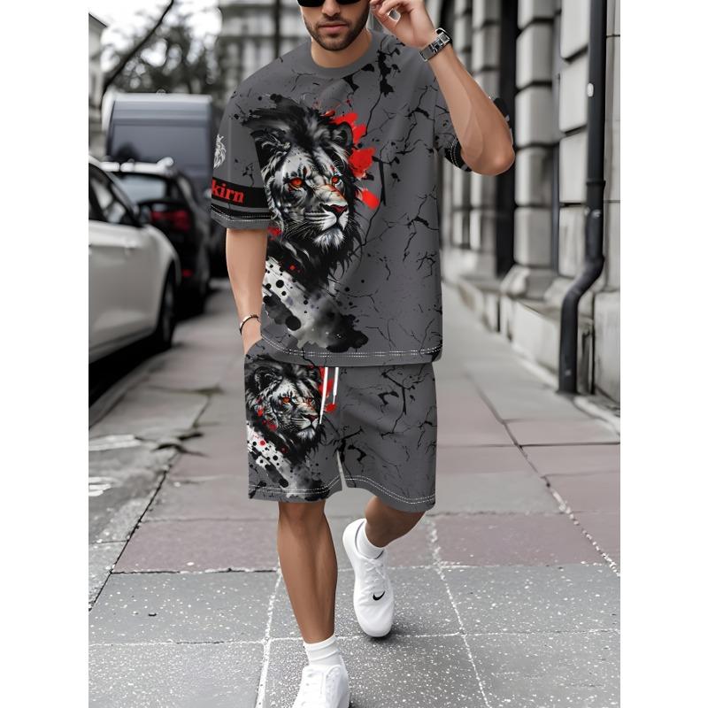 3D Digital Gray Lion Head Black and Red Letter Print Men's Summer Trendy Domineering Short-sleeved Shorts Suit
