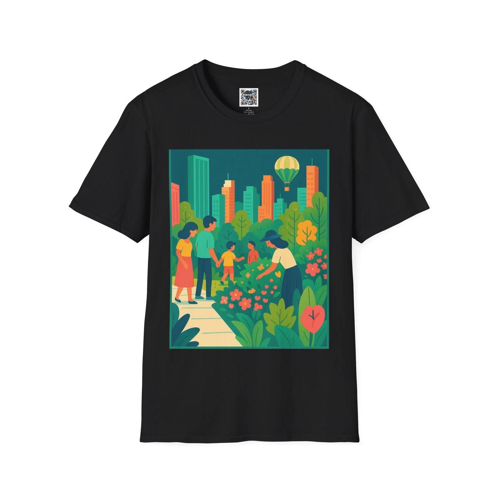 Urban Garden Cityscape T-Shirt – Vibrant Nature & Skyline Graphic M