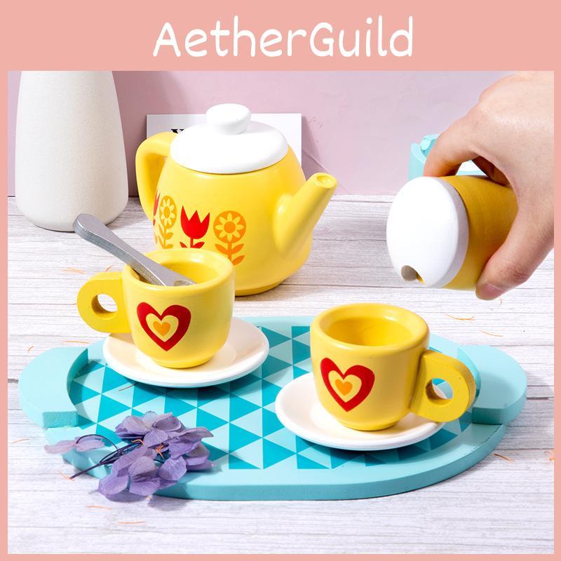Shaped Wooden Heart Flower Checkered Pattern Afternoon Tea Set Children Toy