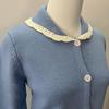 Bai Lu Blue Lace Trim Knit Cardigan: Autumn/Winter Soft, Cozy, Trendy Sweater