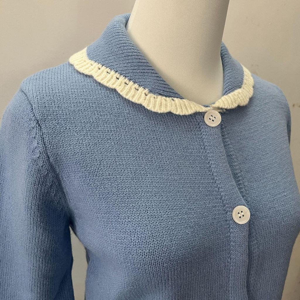 Bai Lu Blue Lace Trim Knit Cardigan: Autumn/Winter Soft, Cozy, Trendy Sweater