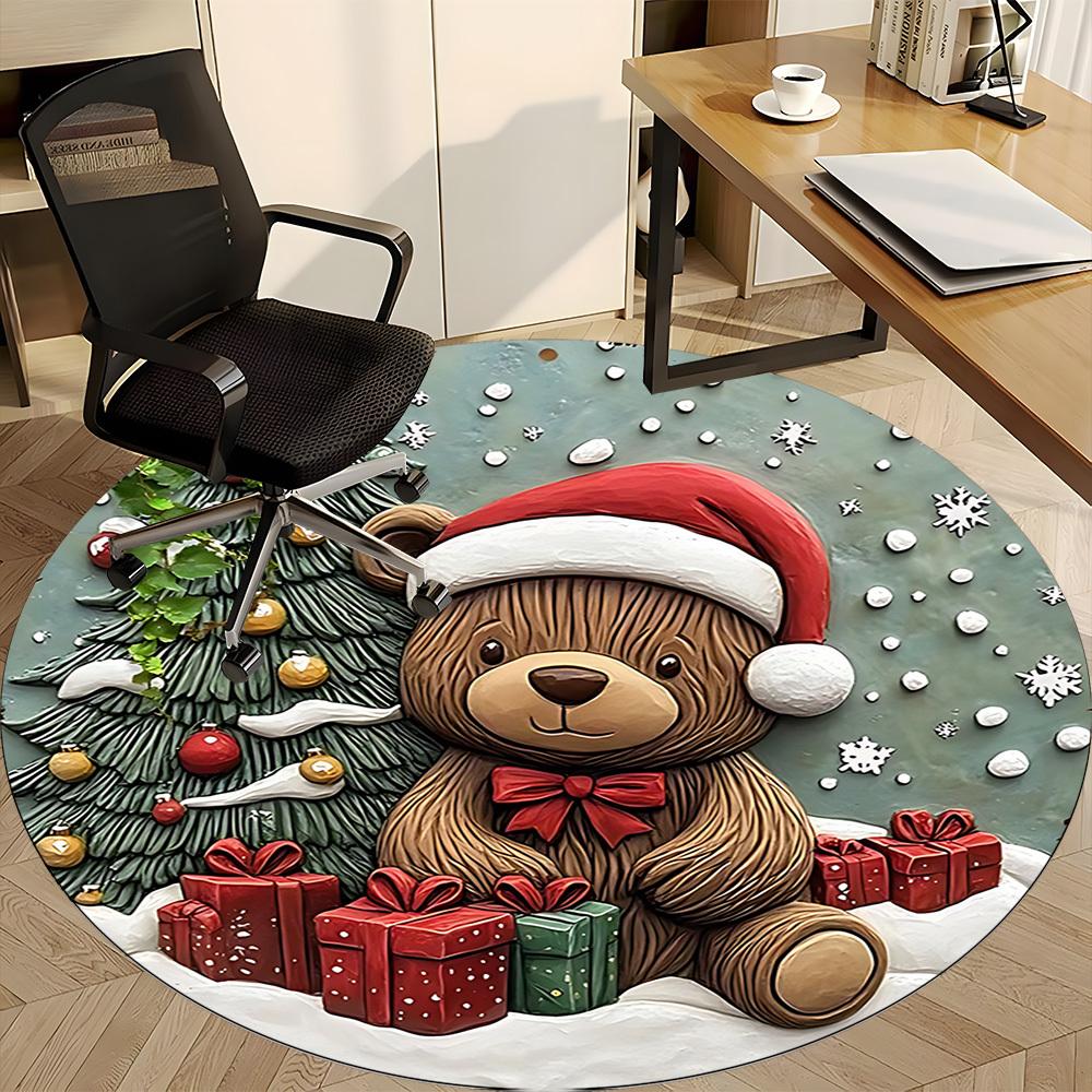 1PC Christmas Bear Office Round Area Rug, Mat Suitable For Office, Under Office Chairs Bedroom Living Room Home Decor, Room Deco