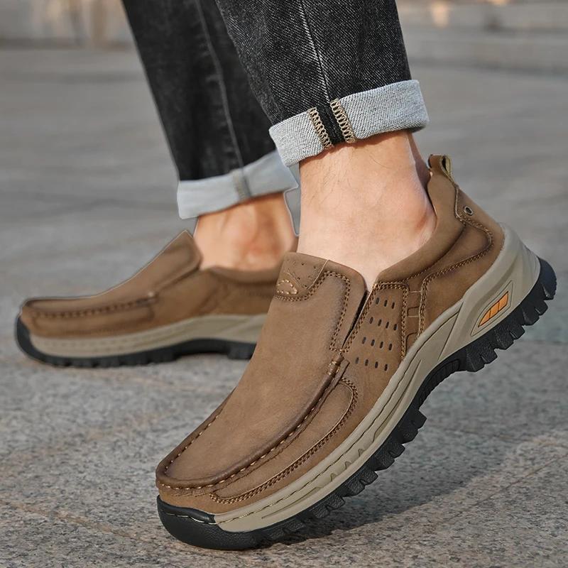 Sapatos Casuais Masculinos de Couro Confortáveis Clássicos Mocassins Masculinos para Caminhada ao Ar Livre Tênis Casuais Masculinos para Homens Tênis
