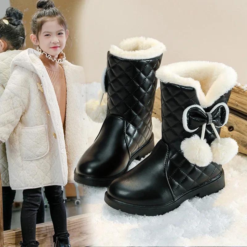

Girls Warm Boots with Bow Winter Kids Snow Boots with Fur Plush Children Princess Boots Waterproof Platform 27 чорний