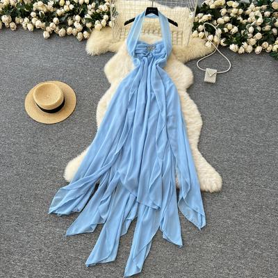 Summer Women Sexy Strapless Open Back Chiffon Irregularly Seaside Beach Ankle Length Dresses