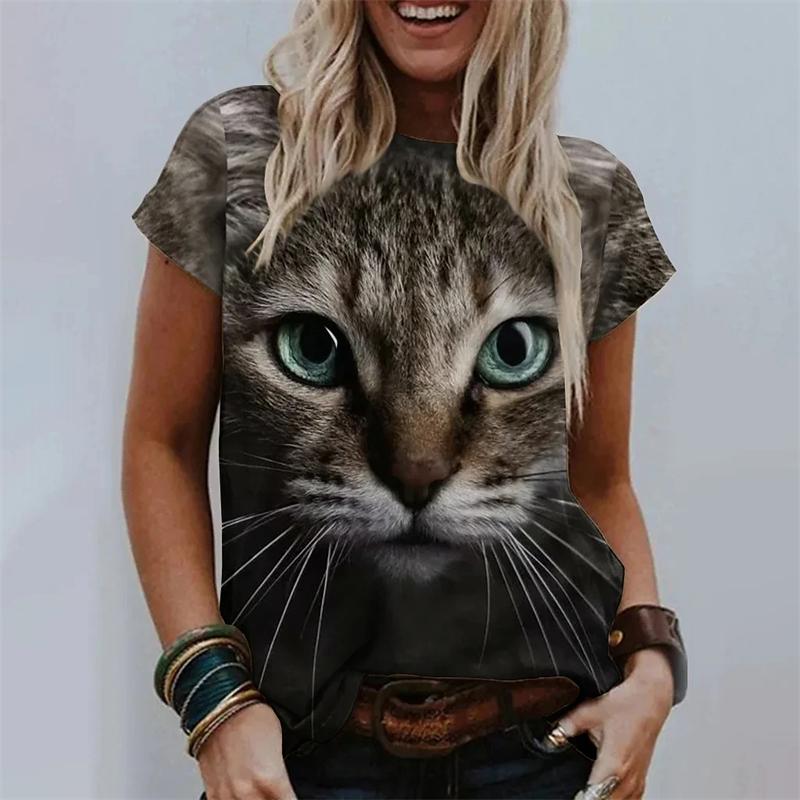 Fashion Women T Shirts 3D Kawaii Cat Print Tops Summer Famale T-shirt Harajuku Tees O-Neck 2024 Short Sleeves Oversized Clothing