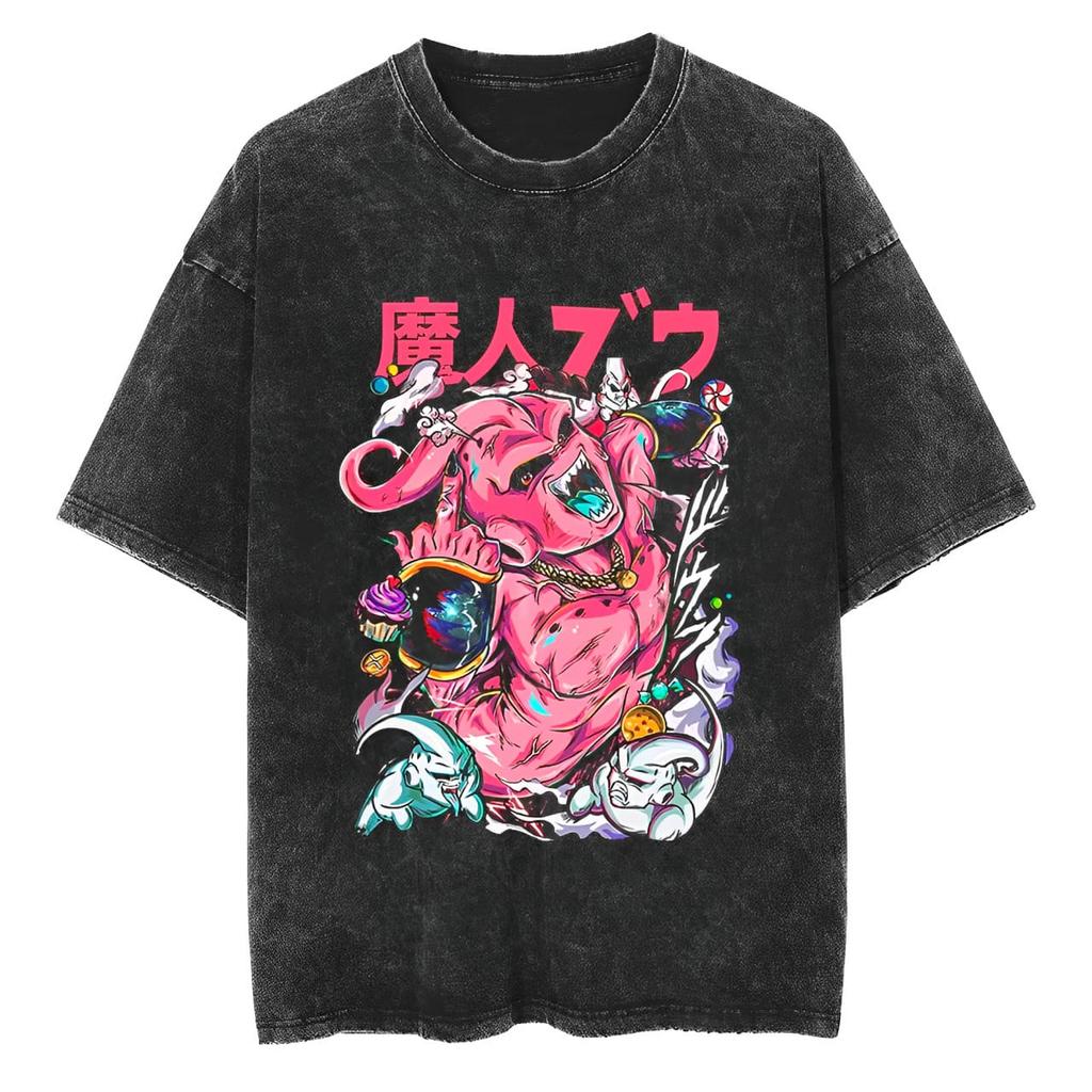 Dragon Ball Majin Buu T Shirt Men Acid Wash Oversized Anime Pink Graffiti Cotton Vintage Gym Streetwear Graphic Top Tee