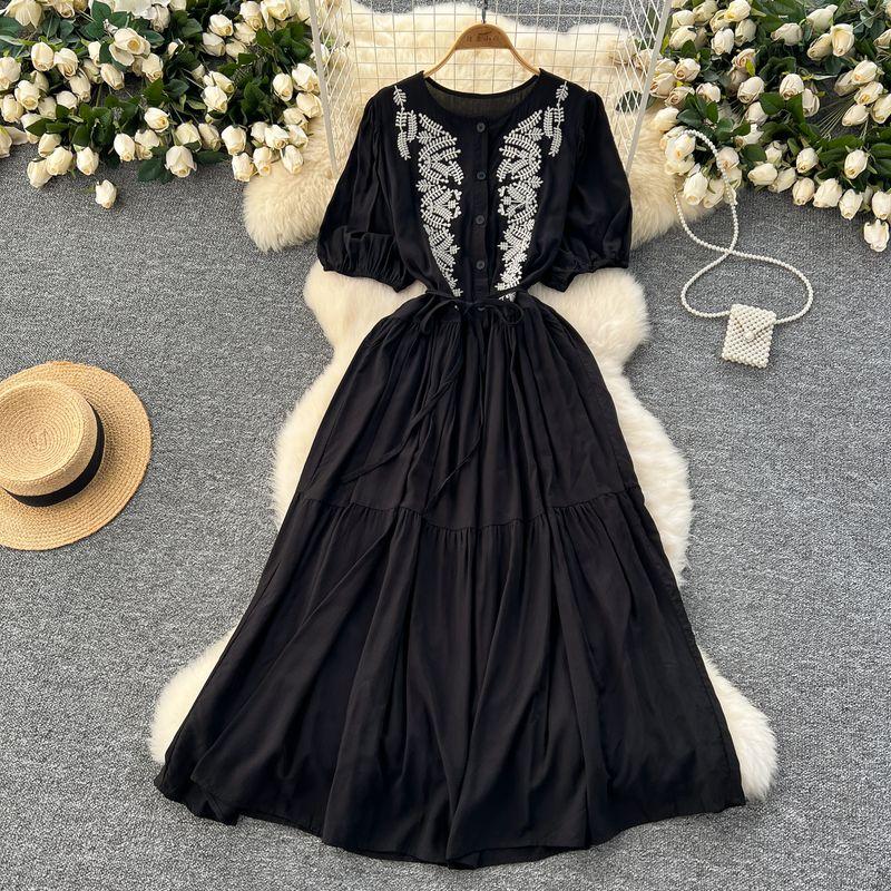 

Artsy Retro Crew Neck Puff Sleeve Dress Female Machine Embroidery Waist Trimming Lace up Loose Slim Looking A- line Big Hem Dress Black All yards