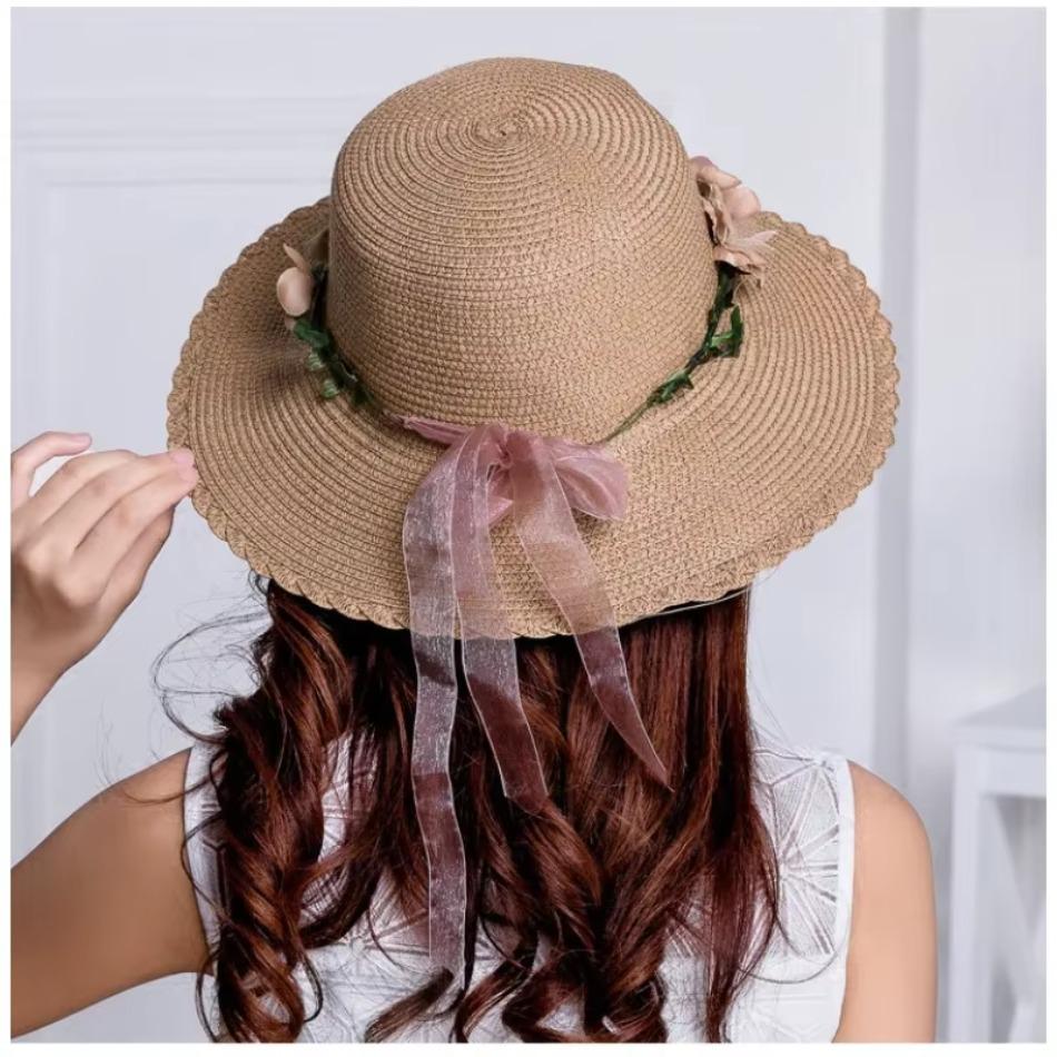 1 Pcs Wreath StrawHat Summer Sun Ladies Elegant Hat Female Vintage Hats Straw Beach Hat Flower String Woman Sunshade Caps