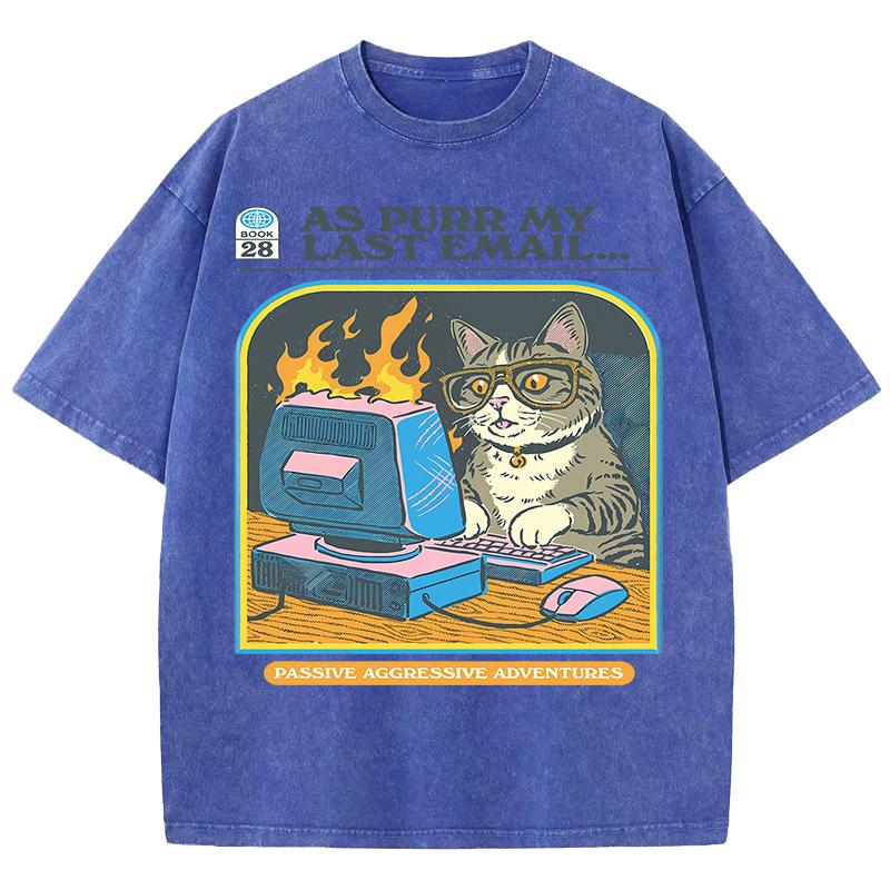 Cat Playing Computer GamesPrint Snow Wash T Shirt Man Unisex Washed Tees Casual Shortwear Soft Breathable Cotton Clothes