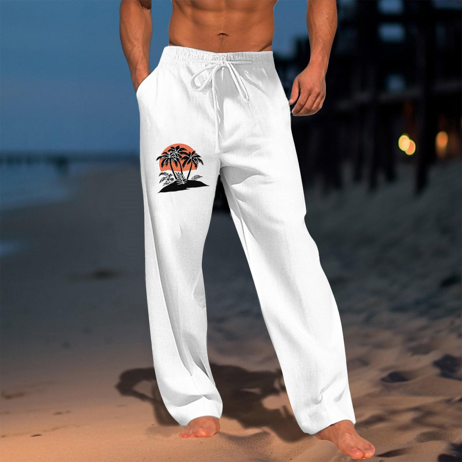 

Мужские повседневные свободные и удобные повседневные брюки, хлопковые льняные брюки с принтом на шнуровке XL белый