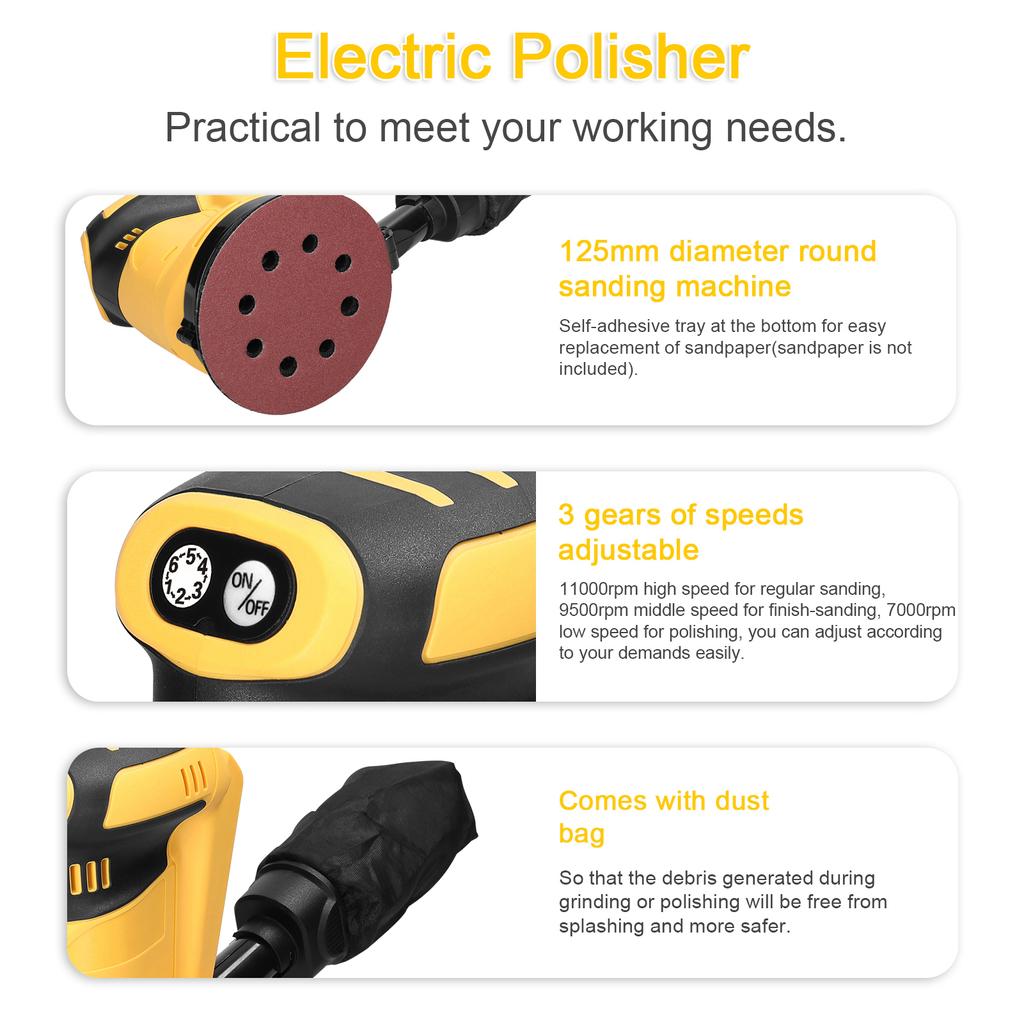 125mm Brushless Motor Cordless Orbital Sander Wood Grind Tool Electric Car Polisher Multifunctional