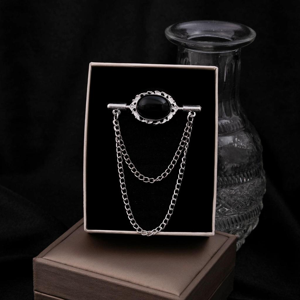 Men's Double-Layer Tassel Chain Crown Brooch with Rhinestones