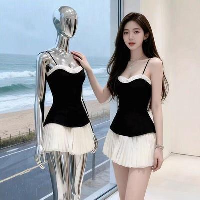 Sweet Girly Black and White Color Blocked Pleated Mini Dress with Heart Neckline  Ladies' Spaghetti Strap Ruffle Waist Fitting Party Club Short Dress