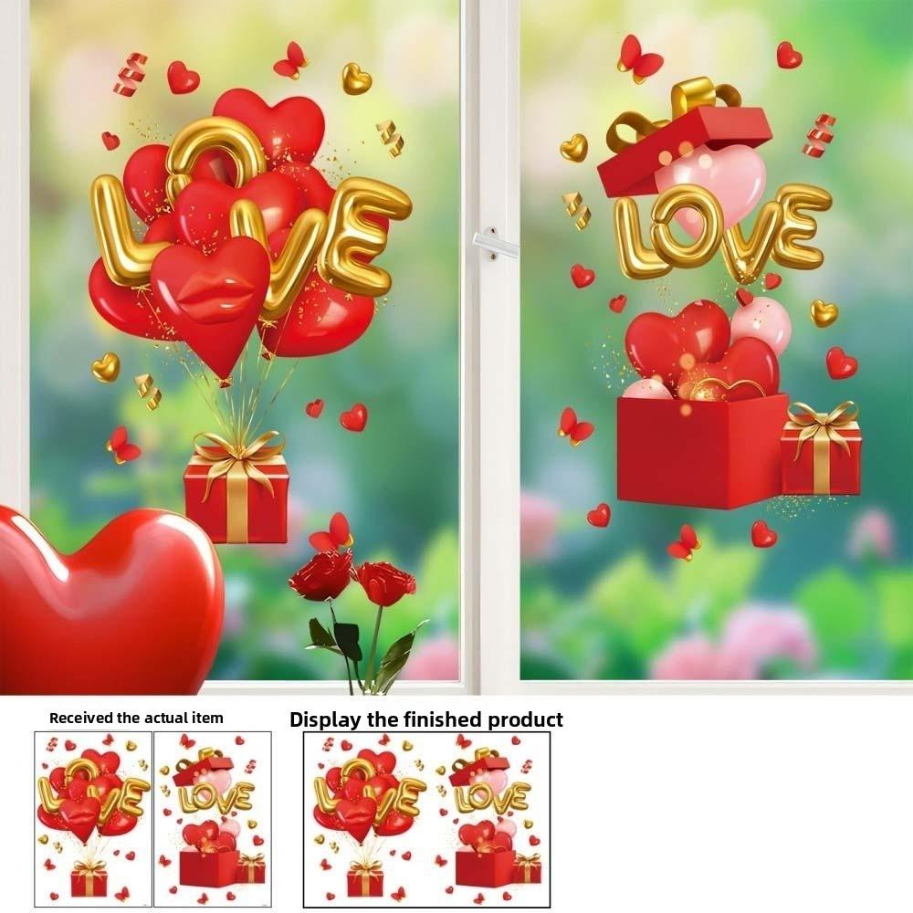 PVC Valentine's Day Window Stickers Love Heart Balloon Shape Pink Red Flower Rose Love Heart Window Decals DIY Waterproof