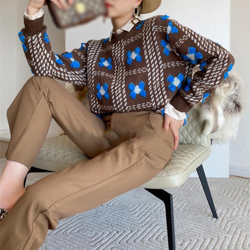 Hirsionsan Pulovere de toamnă largi cu gâtul în formă de pulover pentru femeie ocazional cu broderie florală pulover tricotat pentru femei de bază simplu lazy Jumpe