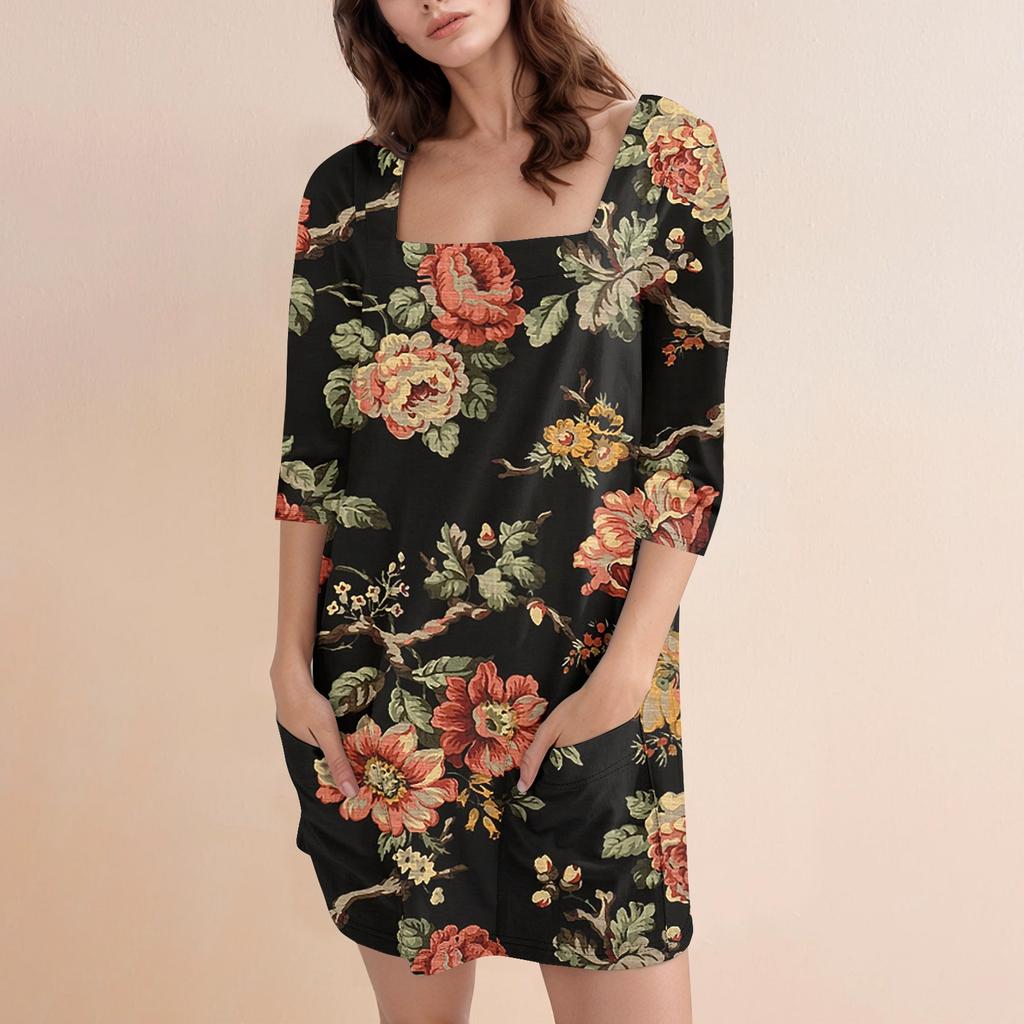 Women's Fashion Casual Print Square Neck 3/4 Sleeve Short Dress