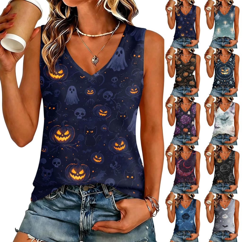 Women's V-Neck Halloween Print Tunic Top for Casual Party Wear