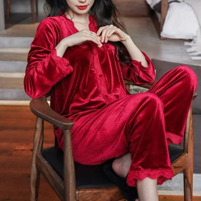 Damen-Pyjama-Set aus Samt, langärmelig, mit Knopfleiste, Nachtwäsche, weich, 2-teilig, Loungewear, Pyjama-Set mit Spitze und Rüschen, Herbst, Winter, Frühling
