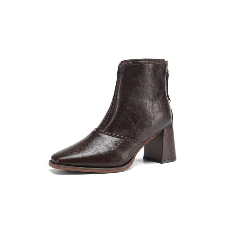 Square Head Chelsea Boots Women's Retro Short Boots High Heel Single Inlet Small Ankle Boots Thick Heel Women's Boots Single Boots