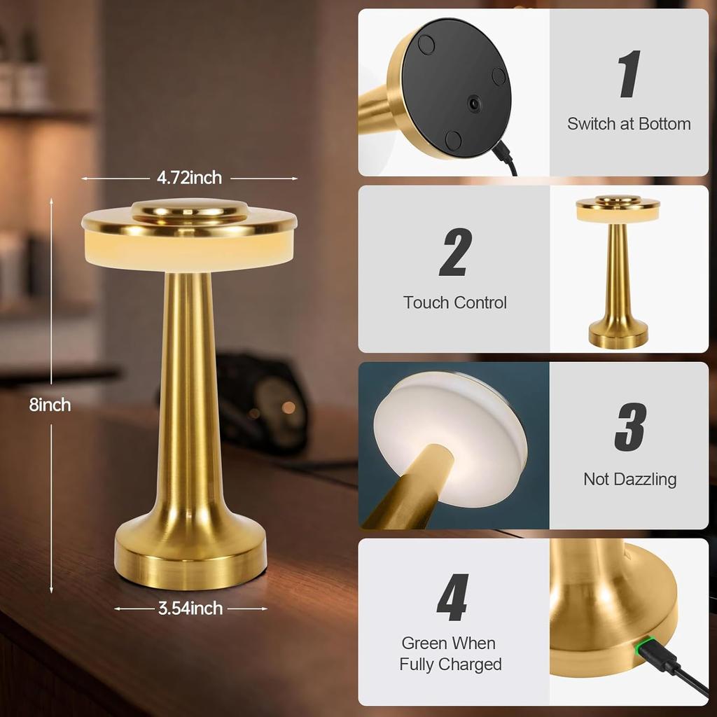 Cordless Table Lamp, Portable LED Desk Lamp, Table Sensor Control Beside Lamps, Kids Night Light with Stepless Dimming & Charging Completed Tip Light