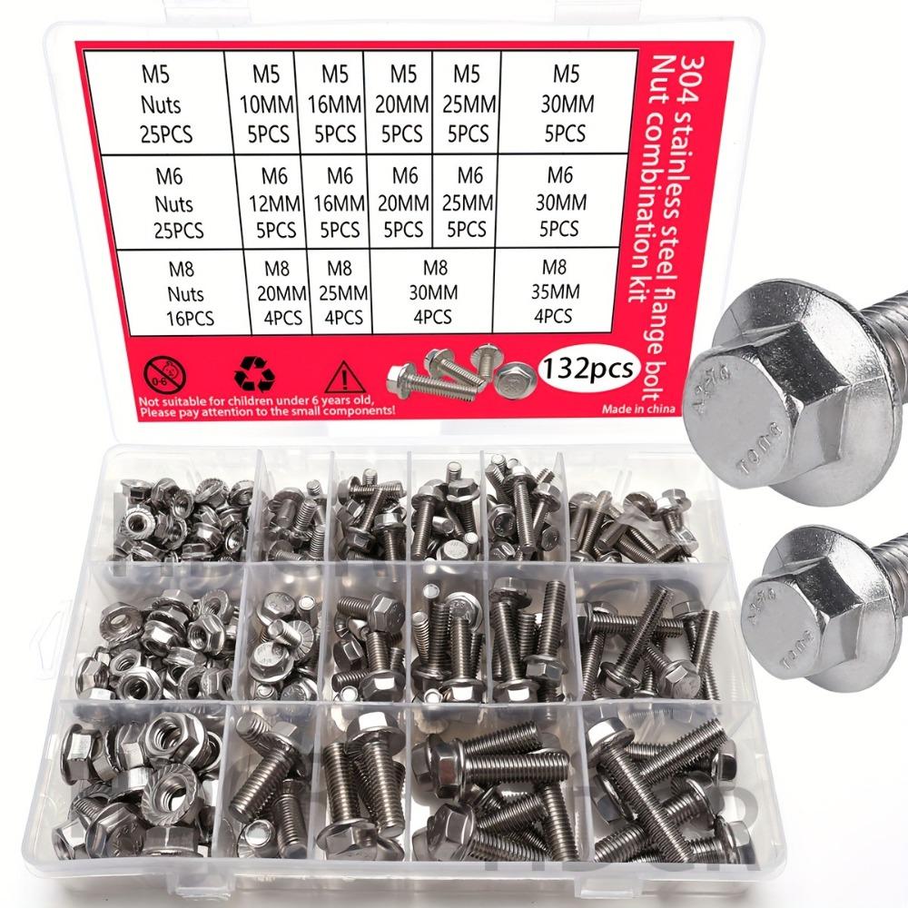 132-piece stainless steel hexagonal flange bolt and nut set, M5/M6/M8, length 10-35mm
