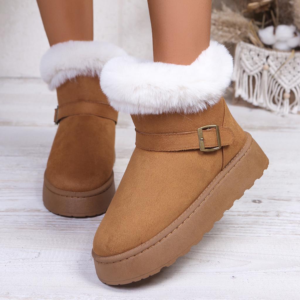Fashion Casual Metal Belt Buckle Decoration Snow Boots Women 2025 Winter Thick Bottom Fur Ankle Boots Warm Short Plush Furry Booties