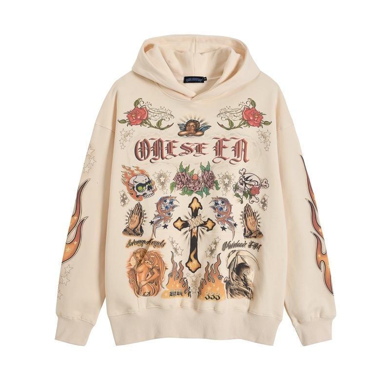 Trendy Brand Hooded Sweatshirt American Hip Hop Vintage Top Graffiti Print Couple Hoodie Loose For Men And Women