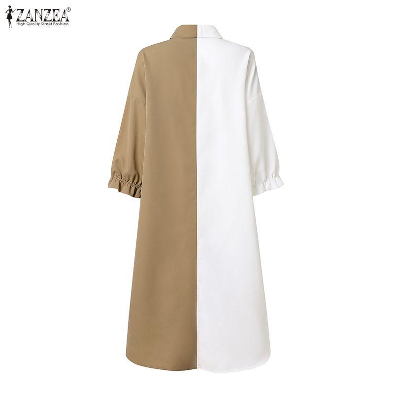 ZANZEA Women Casual Turn Down Collar Loose 3/4 Sleeve Patchwork Shirt Dress