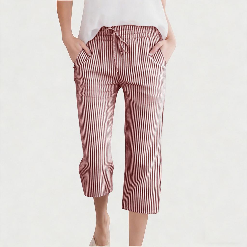 Children's Fashionable Cute Striped Elastic Waist Pocket Casual Girls' Cropped Pants