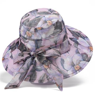 Print Bowknot Streamer Decor Sun Hat Wide Brim Breathable Bucket Hats Summer UV Protection Sunshade Hats for Middle Aged Mom