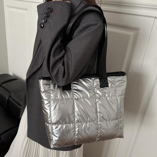Puffer Tragetasche Damen Gesteppte Schultertasche Glänzende Puffige Handtasche Leichtgewichtige Geldbörse mit Reißverschluss für Arbeit Reisen Fitnessstudio Einkaufen