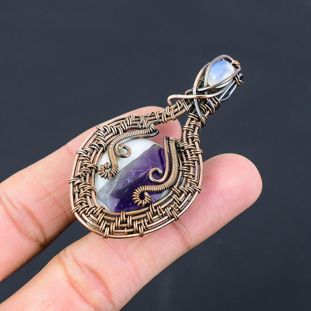 Ametyst szałwiowy, Kamień księżycowy Miedziany owijany drutem wisiorek Biżuteria 2,64" q3V50